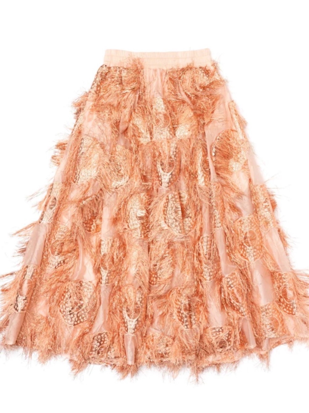 BURU Rose Gold Eyelash Elastic Waist Midi Skirt - Blush / Gold - Size M